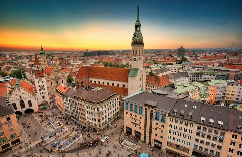 Aerial view of Munich old town at sunset in Germany